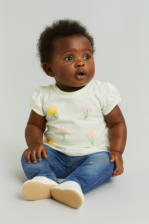 Ivory 3D Floral Placement Puff Sleeve Ivory