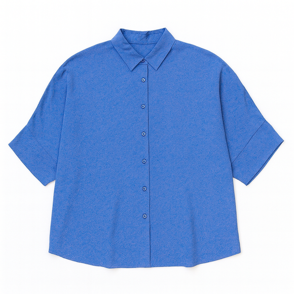 BLUE SHORT CUFF SLEEVE FRONT BUTTON DETAIL BLOUSE