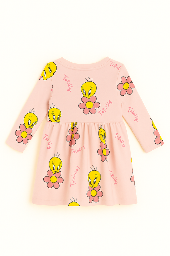 Light Pink Tweety All Over Print Long Sleeve Knit Dress Pale Pink