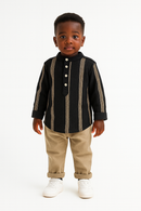 Black Dobby Long Sleeve Mandarin Collar Shirt-1