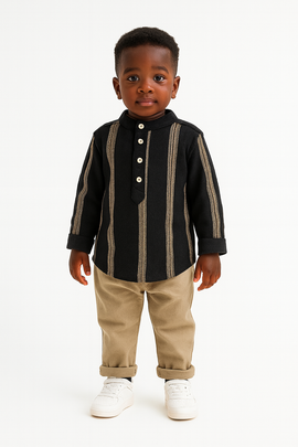 Black Dobby Long Sleeve Mandarin Collar Shirt