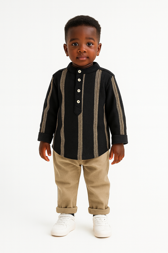 Black Dobby Long Sleeve Mandarin Collar Shirt