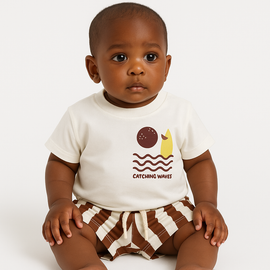 Whtie Tshirt With Brown Striped Shorts Set