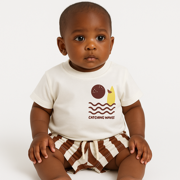 Whtie Tshirt With Brown Striped Shorts Set