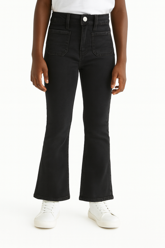 Black Wash Flared Hem Jeans With Front Pocket