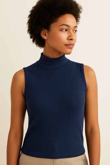 Navy High Neck Rib Tshirt