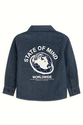 Boys Junior Blue Denim Shirt With Front And Back Print - 0