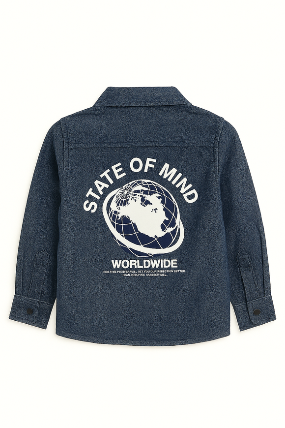 Boys Junior Blue Denim Shirt With Front And Back Print