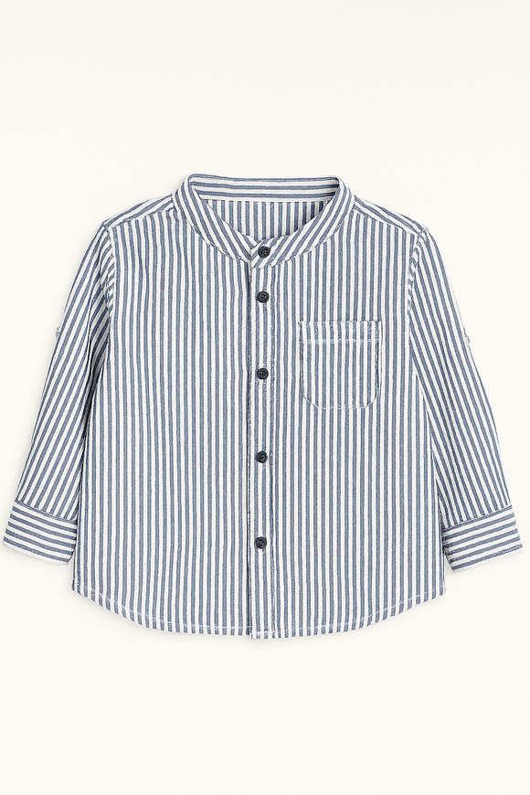 Navy Seersucker Stripe Long Sleeve Mandarin Collar Shirt With T Shirt Navy