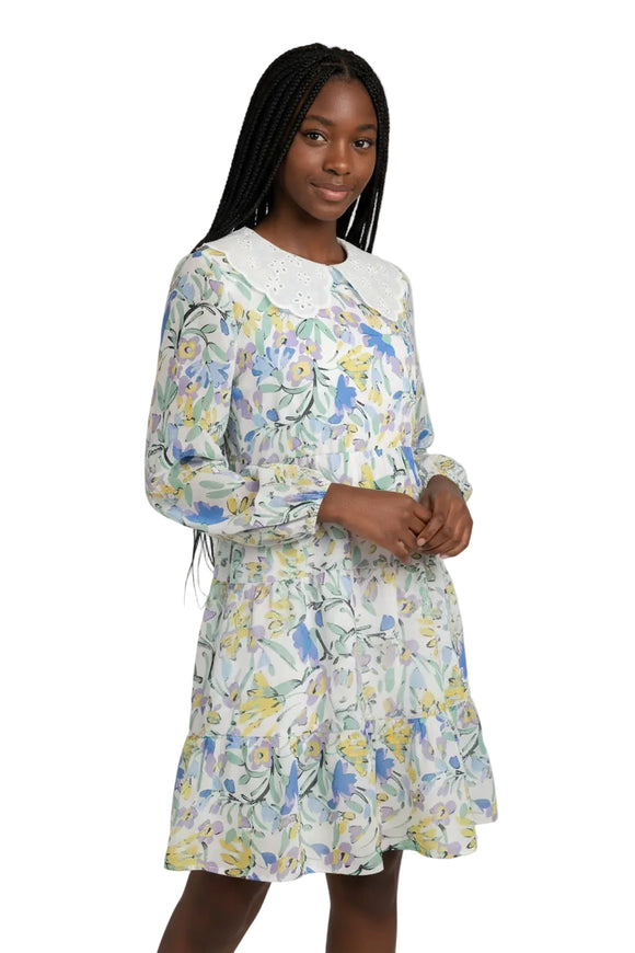 White Floral L S Peterpan Collar Dress Assorted