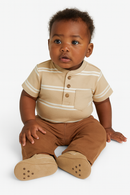 Beige And White Striped Yd Henley Tshirt-1