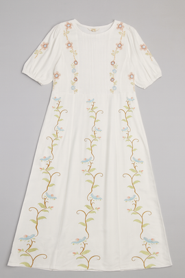 Ivory Embroidered Printed  Short Sleevesdress - 0