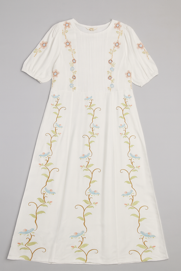 Ivory Embroidered Printed  Short Sleevesdress