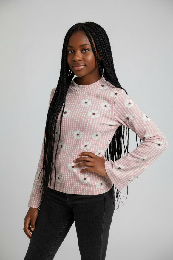 Pink Bellsleeve L S Jacquard Top Pale Pink