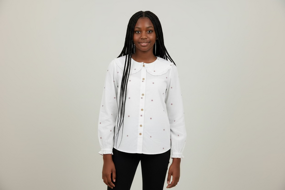 White Floral Print Peterpan Collar Blouse White