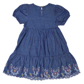 Denim Embroidered Tiered Dress With Frills  Denim