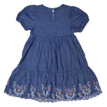 Denim Embroidered Tiered Dress With Frills  Denim
