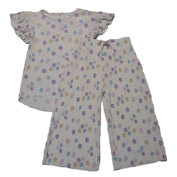 Beige Wideleg And Top Pleated Floral Pink Aop Set Beige