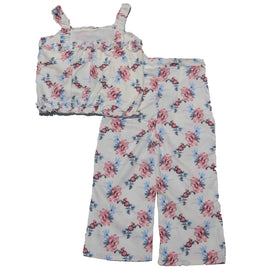 Blue Floral Satin Frills Blouse And Trouser - 0