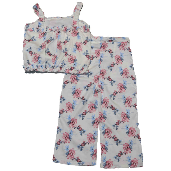 Blue Floral Satin Frills Blouse And Trouser