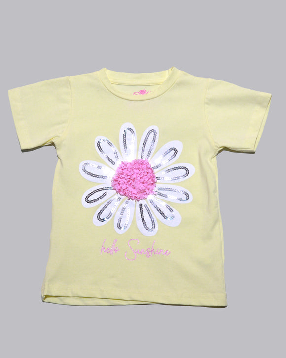 Yellow Placement Pritn With Chiffon Work T Shirt