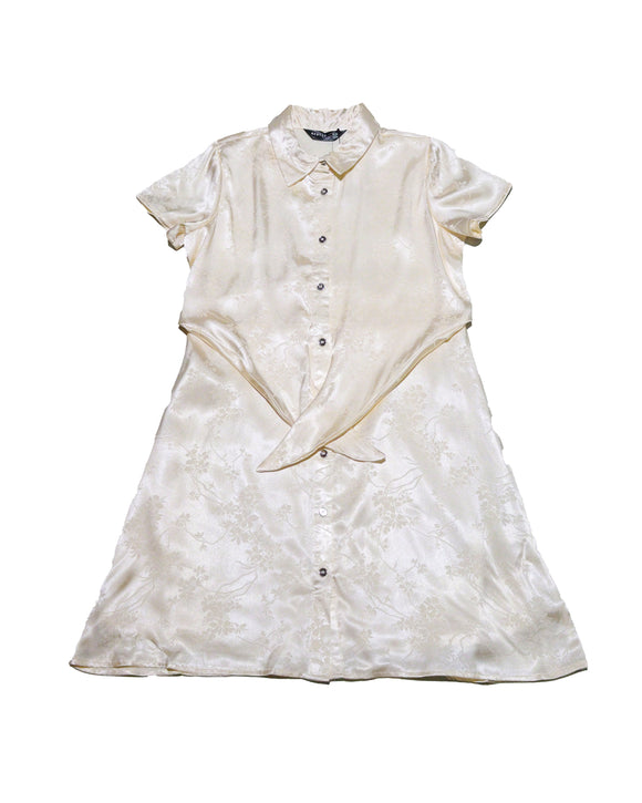 Beige Front Tie Jacquard Dress