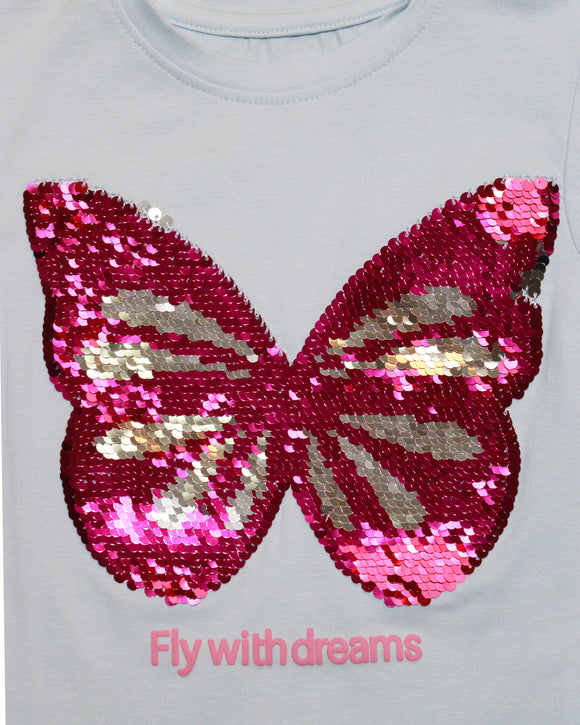 Sky Blue Butterfly Sequins T Shirt
