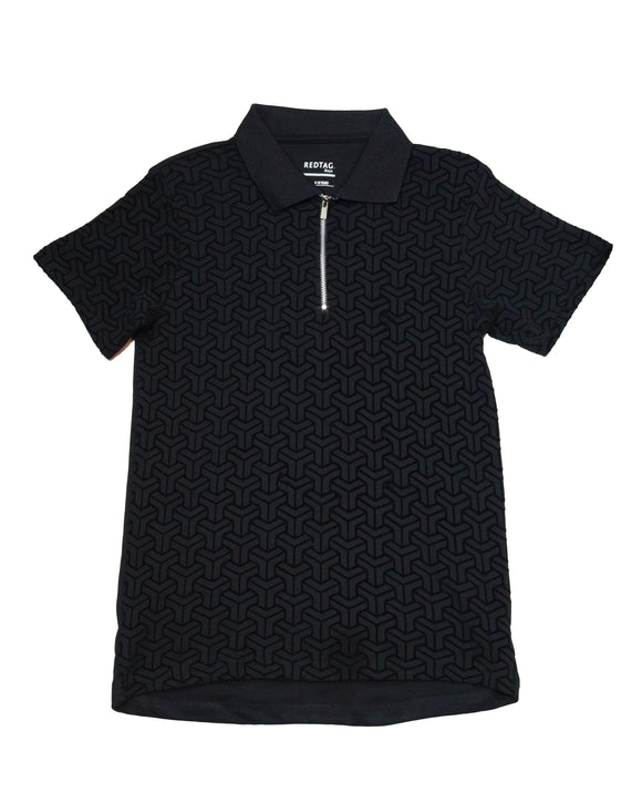 Black Flock Print Zipneck Polo