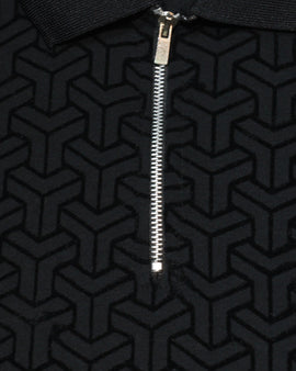 Black Flock Print Zipneck Polo - 0