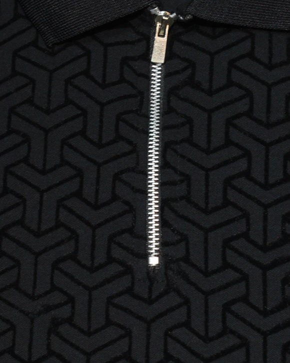 Black Flock Print Zipneck Polo