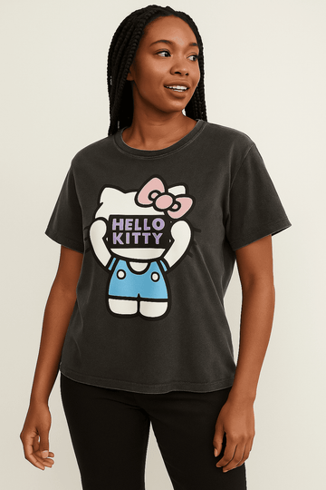 Acid Wash Hello Kitty Printed T Shirt Nawao.com
