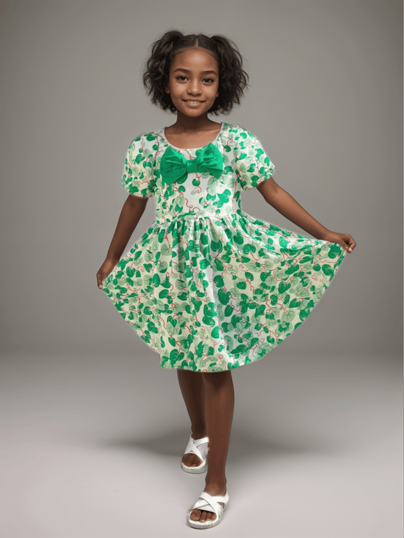 Aop Puff Sleeve With Bow Dress Nawao.com