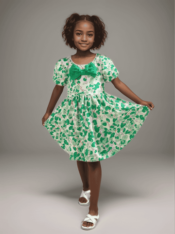 Aop Puff Sleeve With Bow Dress Nawao.com