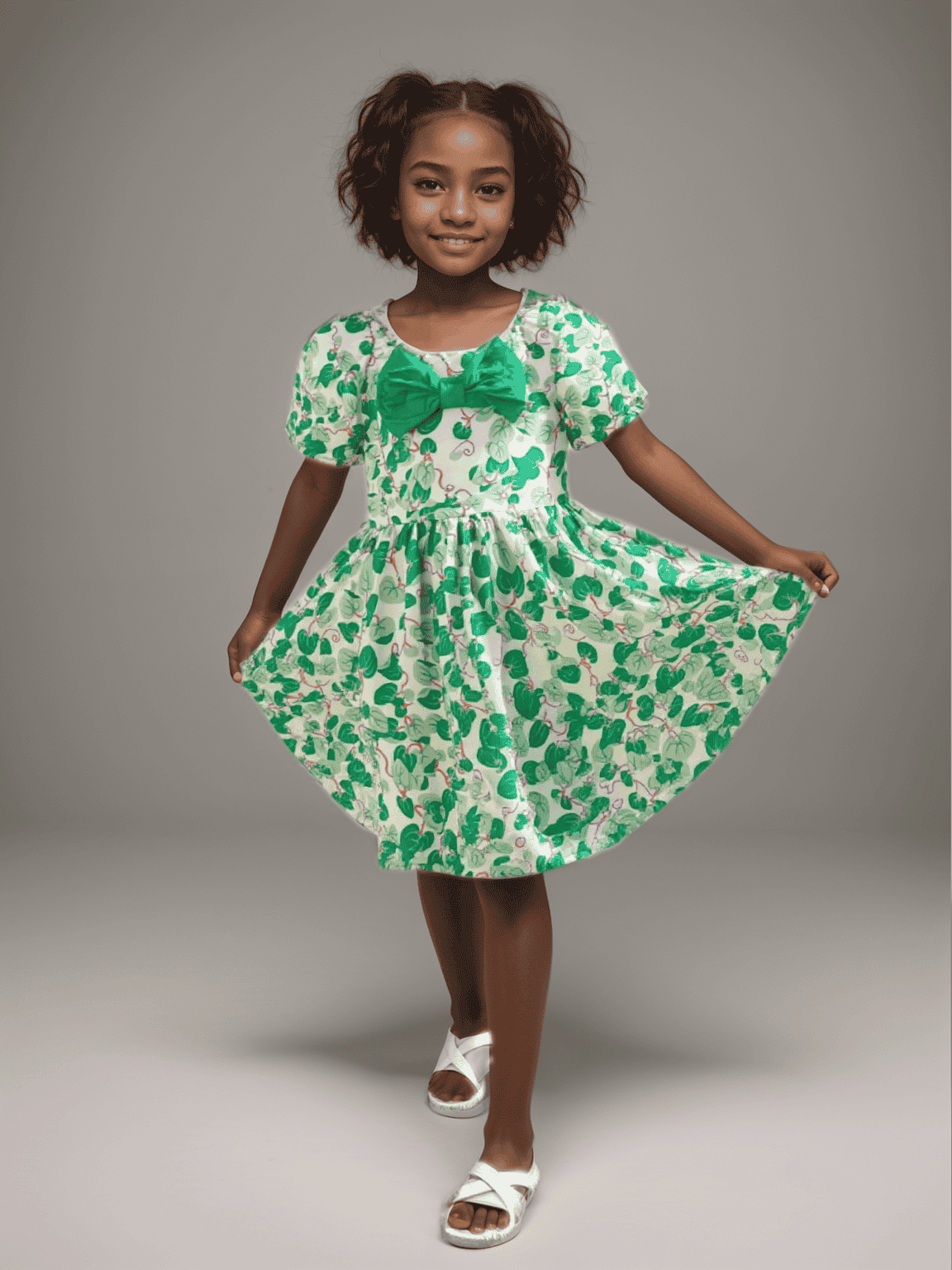 Aop Puff Sleeve With Bow Dress Nawao.com