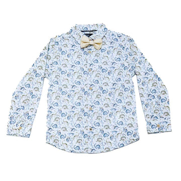 Beige Allover Print Long Sleeve Shirt With Bow Tie Nawao.com