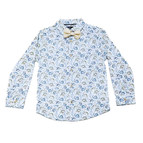 Beige Allover Print Long Sleeve Shirt With Bow Tie Nawao.com