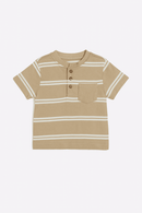 Beige And White Striped Yd Henley Tshirt Nawao.com