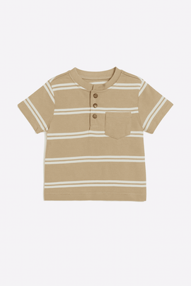 Beige And White Striped Yd Henley Tshirt Nawao.com