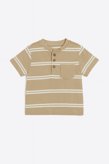 Beige And White Striped Yd Henley Tshirt Nawao.com