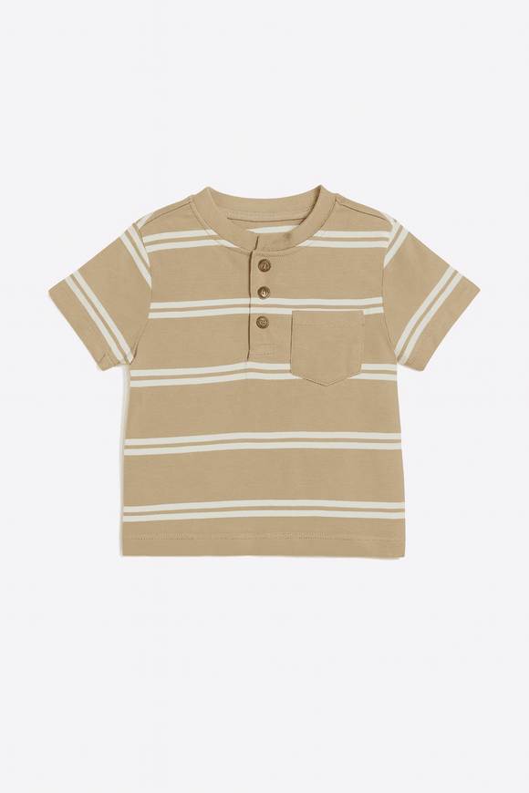 Beige And White Striped Yd Henley Tshirt Nawao.com