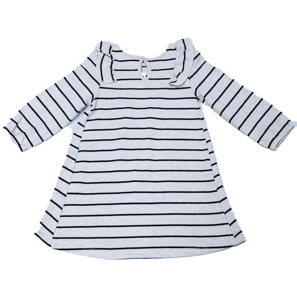 Beige Black Stripes Dress With Frills At Shoulder Nawao.com