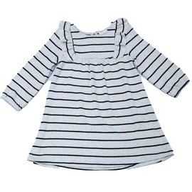 Beige Black Stripes Dress With Frills At Shoulder Nawao.com