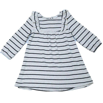 Beige Black Stripes Dress With Frills At Shoulder Nawao.com