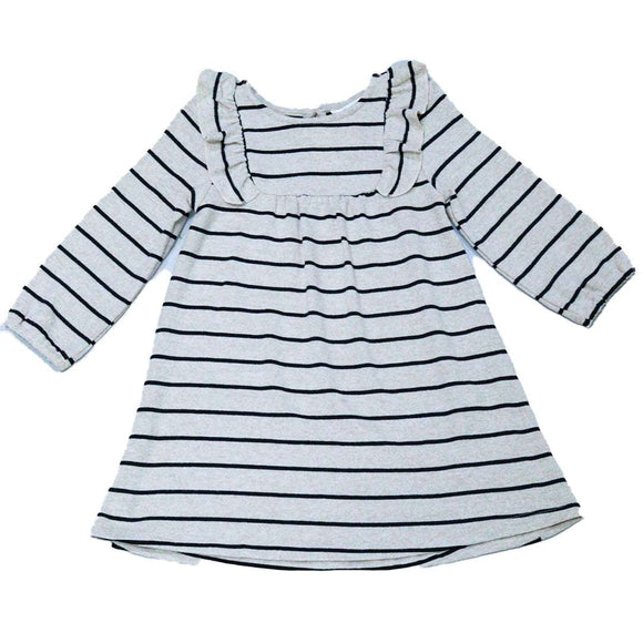 Beige Black Stripes Dress With Frills At Shoulder Nawao.com