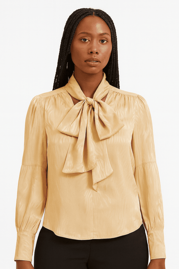 Beige Bow Detail Satin Blouse Nawao.com
