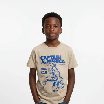 Beige Captain America Short Sleeve Tee With Puff Print Beige Nawao.com