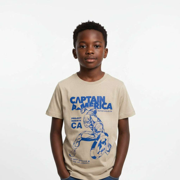 Beige Captain America Short Sleeve Tee With Puff Print Beige Nawao.com