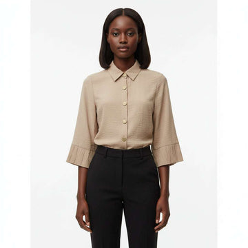 Beige Collar Button Detail High Low Blouse Nawao.com