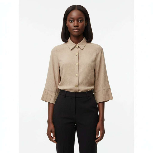 Beige Collar Button Detail High Low Blouse Nawao.com