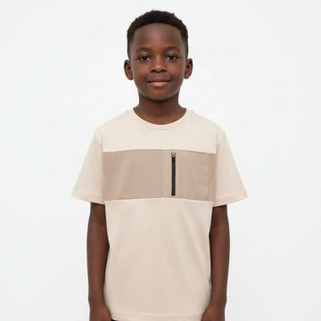 Beige Cut And Sew Tee With Zip At Chest Beige Nawao.com